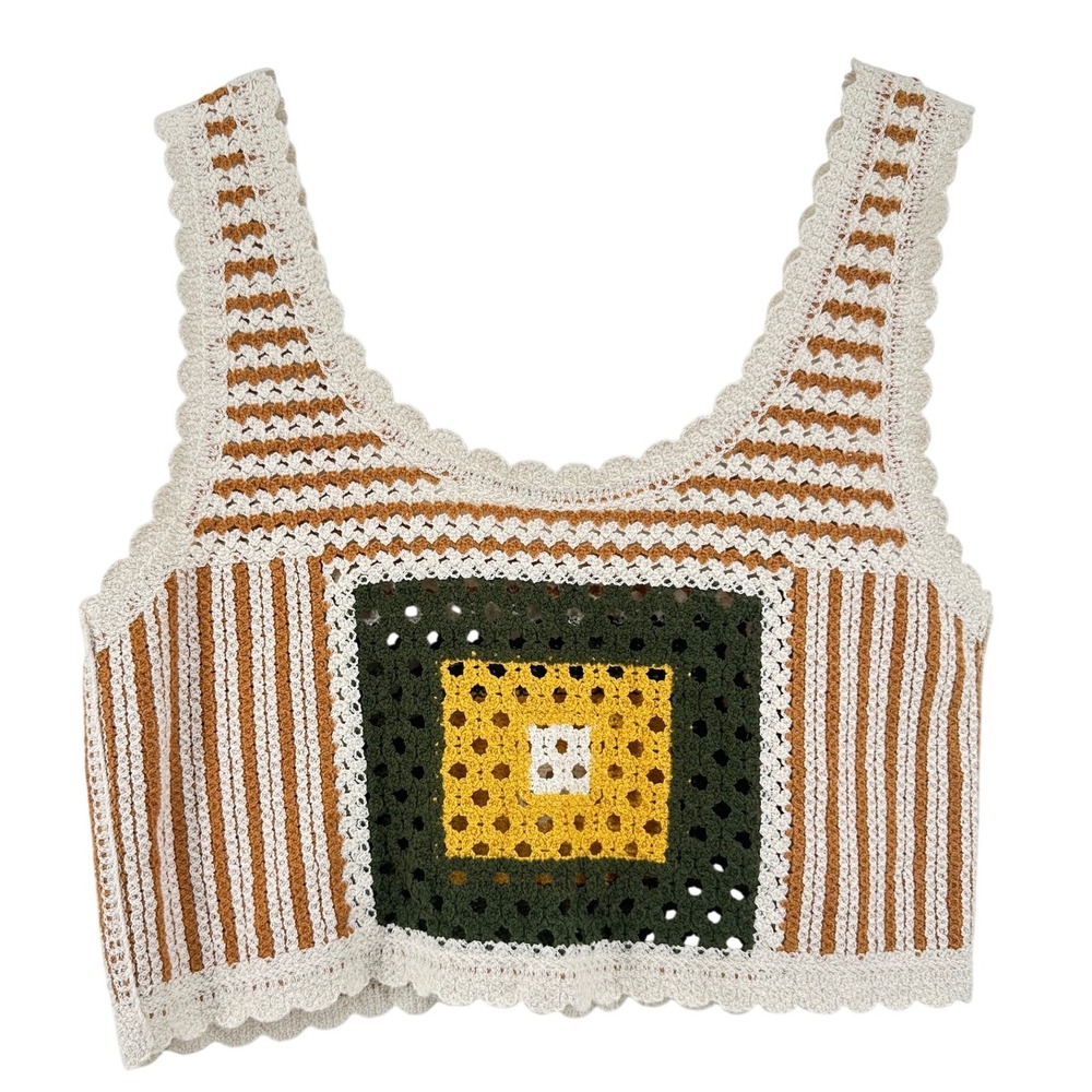 Boho Crochet Granny Square Striped Cotton Tank Top M/L Retro Scallop Trim